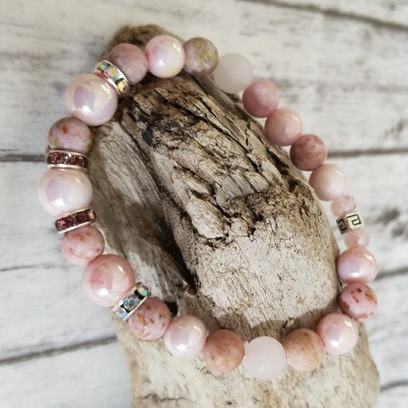 Pink crazy lace agate beaded stretch bracelet - Picture 5 of 8